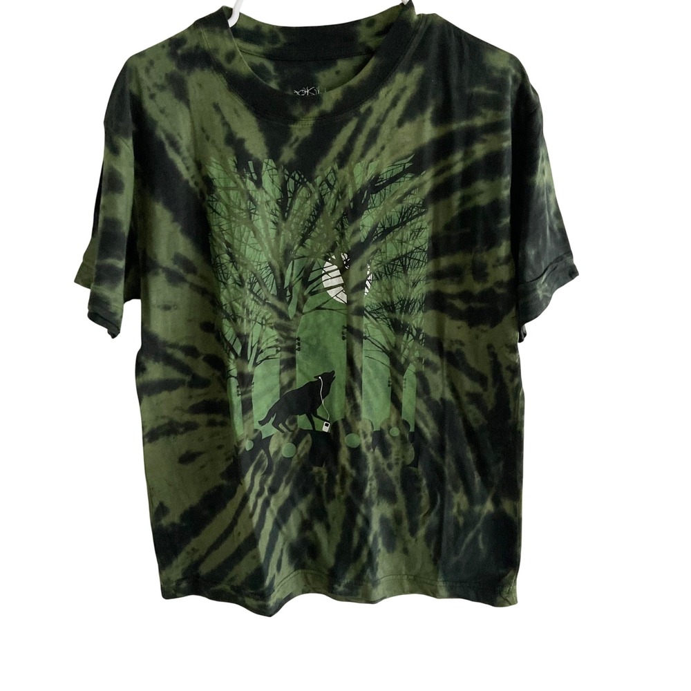 Music Is My Nature Wolf Guitar Forest Tie Dye Graphic Tee Green Black Medium